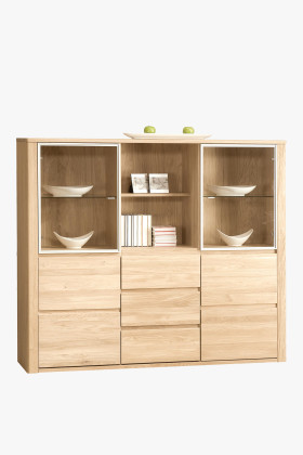 Luxus tölgyfa tálaló üvegajtóval, 3 fiókos, masszív fa bútor